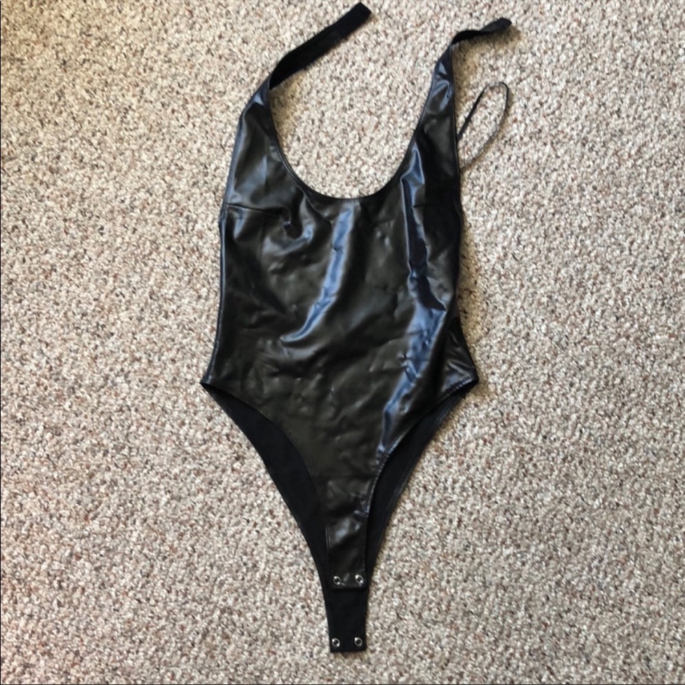 F21 Black Leather Halter Bodysuit Large